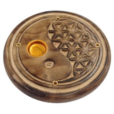 Yin Yang - Blume des Lebens Holz rund 10 cm, Räucherstäbchenhalter