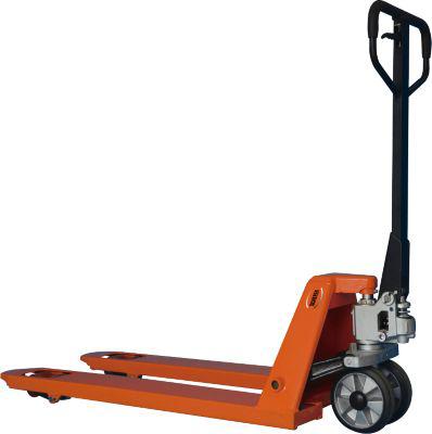 Gabelhubwagen AC-P, manueller Hubantrieb, Tragkraft bis 2500 kg, Lenkräder und Lastrollen, L 1550 x B 540 x H 1240 mm, Stahl, orange-schwarz