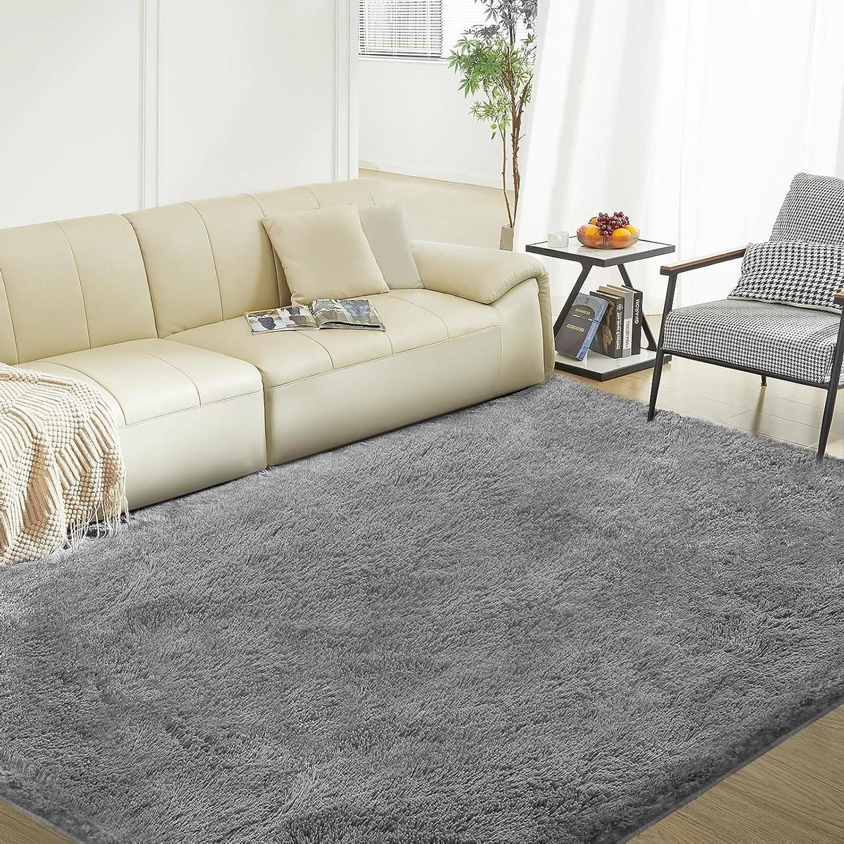 Modern Hoogpolig Vloerkleed Donkergrijs met Antislip Onderkant