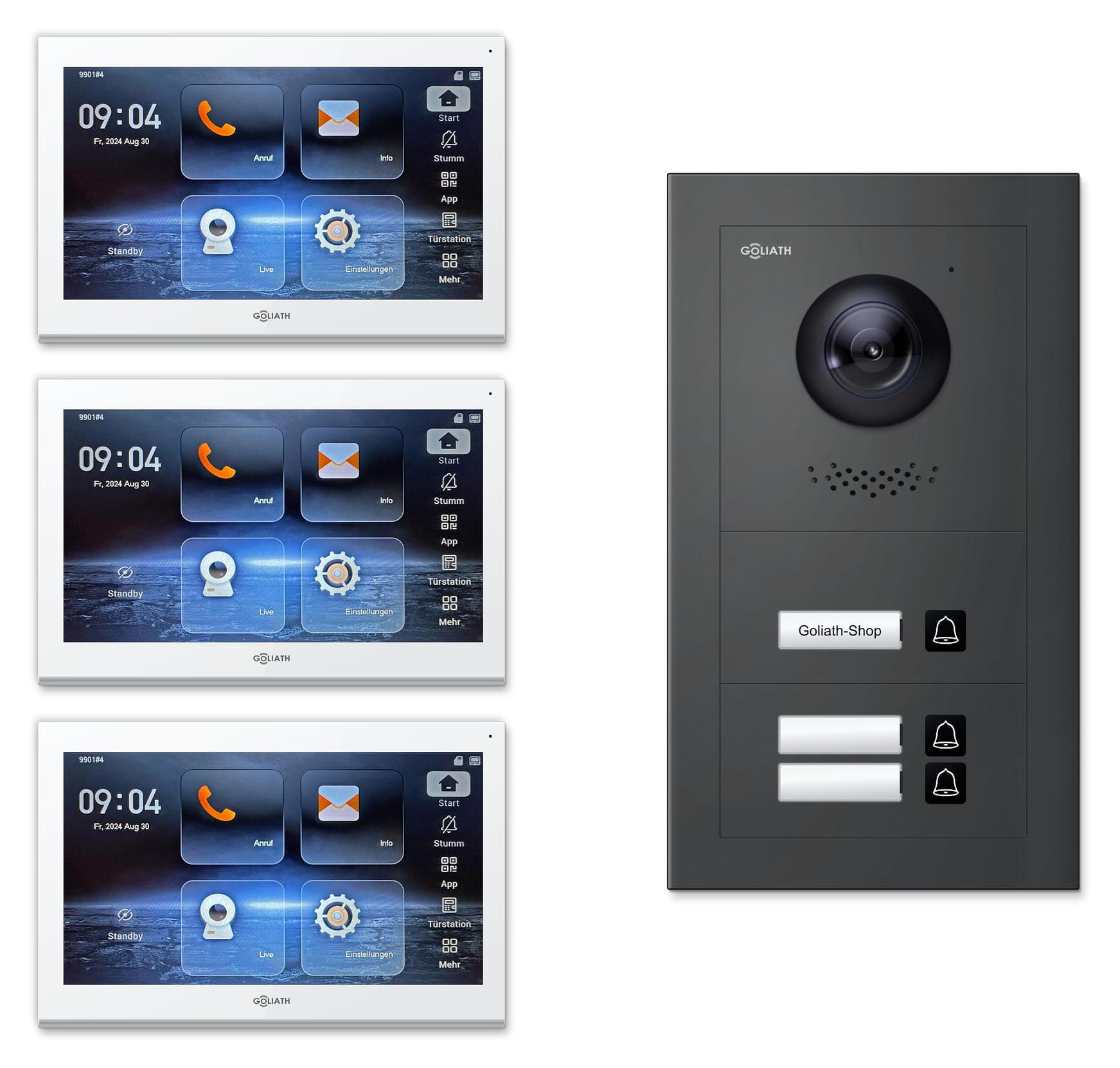 Goliath Premium IP GL-IPH300A Video-Türsprechanlage, 3 Familien, 3× 10 Zoll Weiß, Anthrazit, Unterputz
