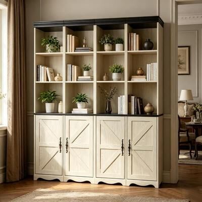 "70.86"" Tall Farmhouse Dining & Kitchen Storage Cabinet with X-Shaped Cross Wood Slats Decorated Doors, Vintage Bookshelf"