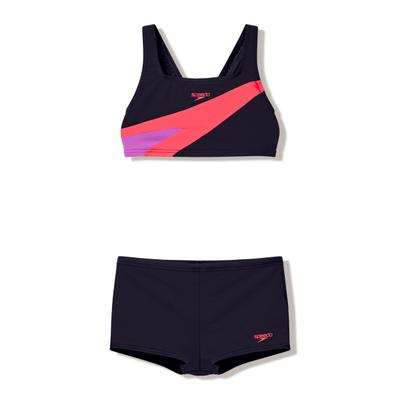 Bustier-Bikini SPEEDO "HYPERBOOM BUTTERFLY BACK 2PC BLK/PNK", Mädchen, Gr. 12 (146/152), N-Gr, schwarz (blk, pnk), Obermaterial: 100% Polyester, Bikini-Sets