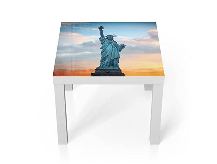 DEQORI Glastisch weiß klein 55x55 cm Motiv New Yorks Lady Liberty ausgefallener Beistelltisch aus Glas Hochglanz Couchtisch fürs Wohnzimmer moderner Couch Tisch mit Design