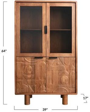 Storied Home "Carved Mango & Acacia Wood Cabinet with Glass Top Doors - 39.0""L x 17.0""W x 64.0""H"