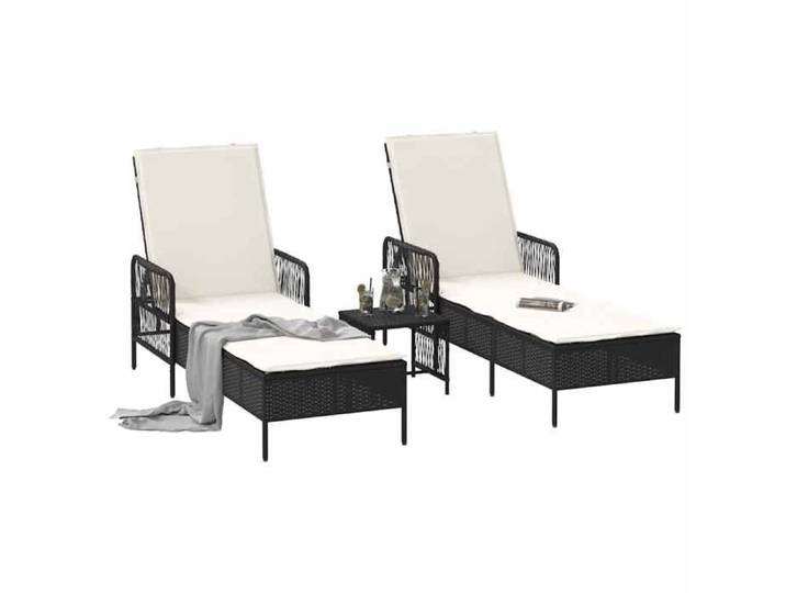 Noir Siège de jardin - Transat avec coussin - (3 pcs) - Noir et blanc crème polyrotin C1885