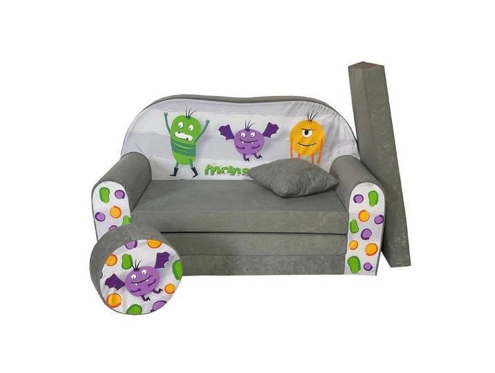 FORTISLINE Kindersitzgruppe Kindersofa Kindercouch Aufklappen Bettfunktion + Hocker W319