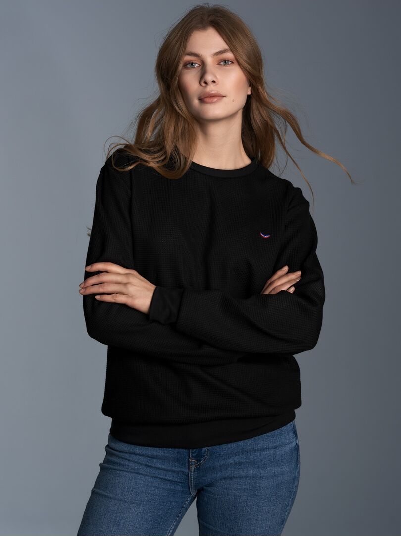 Sweatshirt TRIGEMA "TRIGEMA Sweatshirt in Waffeloptik", Damen, Gr. 3XL, schwarz, Piqué, 100% Baumwolle, Rundhals, Sweatshirts Sweatshirt schwarz 3XL