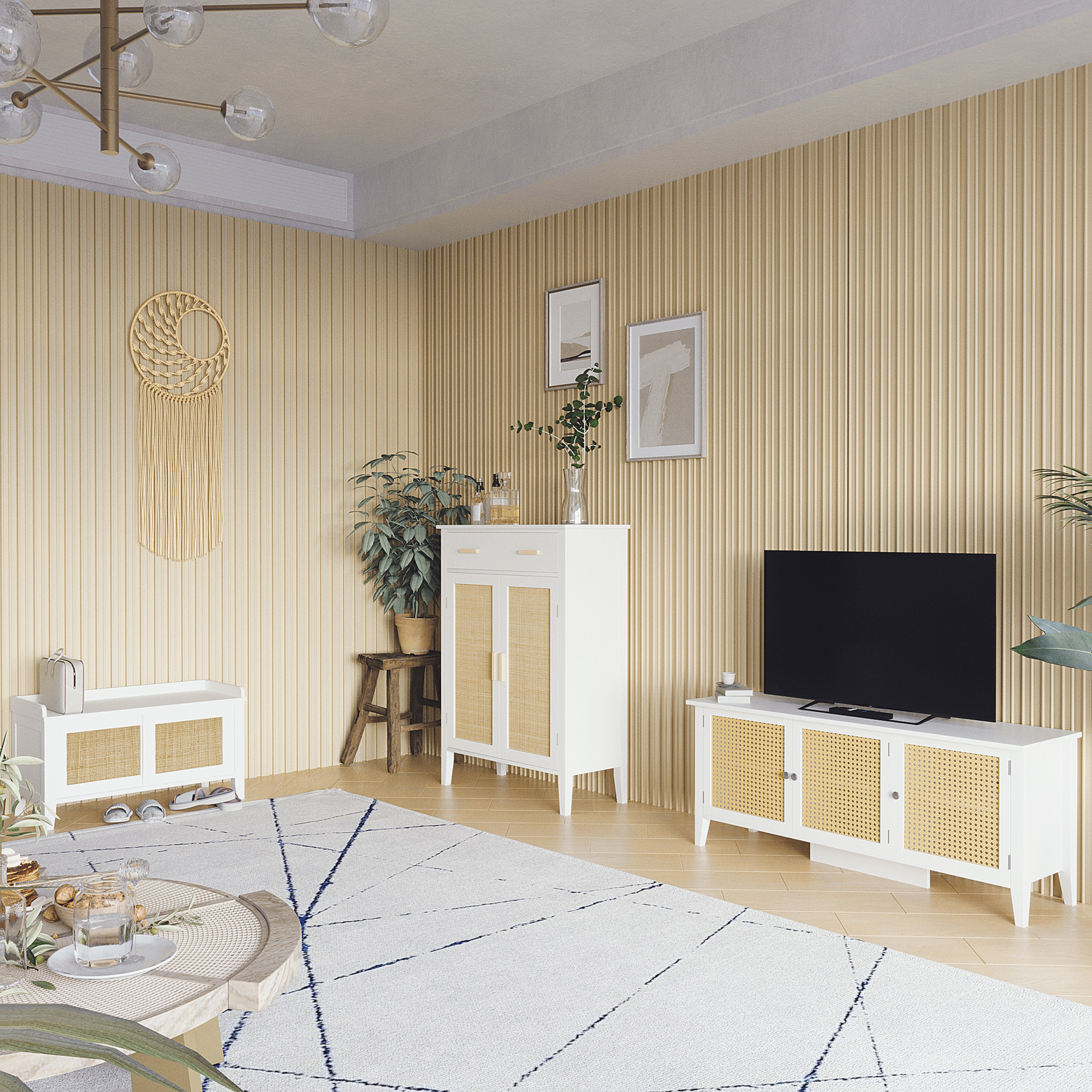 Homcom Panca porta scarpe mobile contenitore con porta scorrevole e frontali in vimini intrecciato 80 x 35 x 45 cm bianco