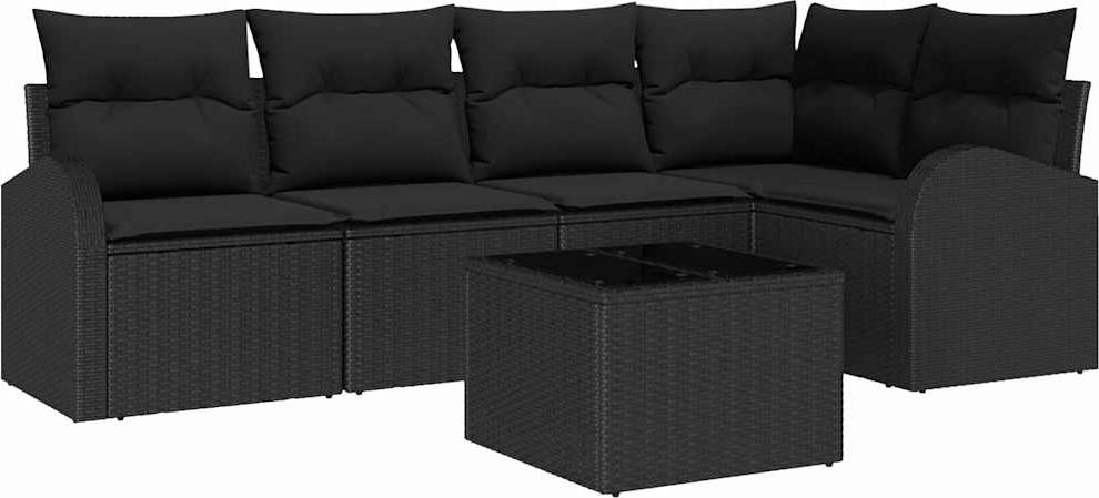 Modernes Outdoor Sofa Set, modular, handgewebtes Poly-Rattan, wetterfeste Polyester Kissen, Schwarz, 5-Sitzer mit Tisch, für Garten, Terrasse, Balkon
