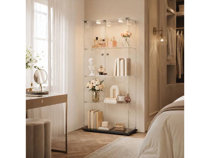 Vitrine En Verre Avec Éclairage Led Et Serrure De Sécurité\, Vitrine Armoire 4 Étagères 2 Portes\, Verre Trempé\, Noir