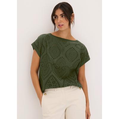 T-Shirt BONPRIX, Damen, Gr. 40/42 (M), grün (dunkelkhaki), Obermaterial: 100% Baumwolle. Obermaterial 2: 95% Viskose, 5% Elasthan, oversize, Shirts T-Shirt, Oversize-Passform, mit Lochspitze, Kurzarm-Design
