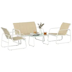 Outsunny Outdoor-Gartenmöbel-Set Zweisitzer Sessel Couchtisch Glas 4-teilig Khaki Weiß