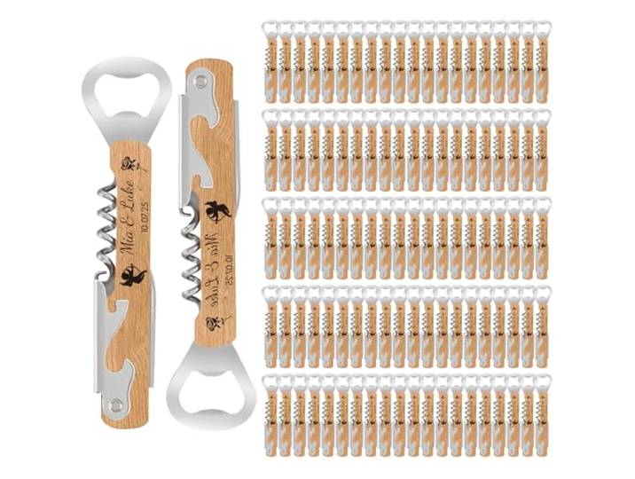 100 Stück Personalisierter Flaschenöffner Holz mit Korkenzieher - Hochzeitsgeschenk für Gäste in Naturholz Multifunktion Weinöffner & Gravur als Gastgeschenk