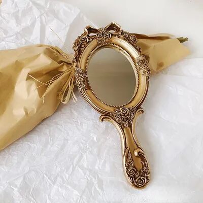 Fusion Finds Vintage Handheld Makeup Mirror With Handle Elegant Resin Vanity Mirror For Makeup, Dress Up & Gifts gold