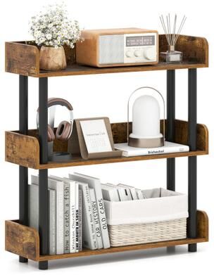 Costway 3-Tier Bookshelf with Anti-Tipping Kit and Industrial Storage Unit for Living Room-Rustic Brown