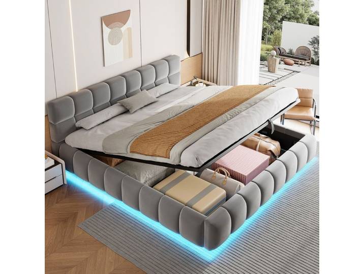 Lit Coffre - WESTYLE - Design nuage - Velours gris - 180x200 cm - Bande LED multicolore