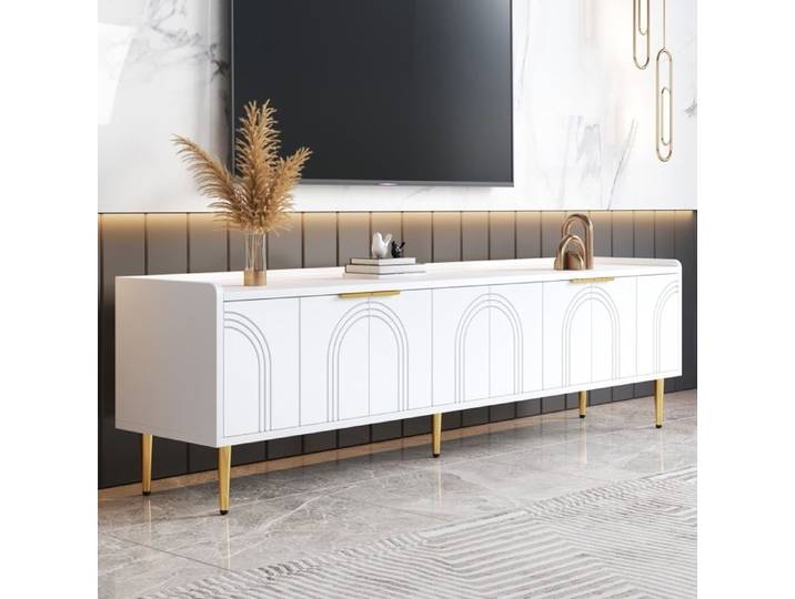 Meuble TV moderne - MODERNLUXE - 170x35x47.5 cm - 4 portes - Étagères intégrées - Pieds en métal - MDF - Blanc
