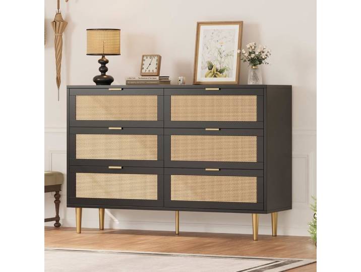 Commode 6 tiroirs en rotin – Grand rangement et design bohème pour chambre salon couloir – Noir