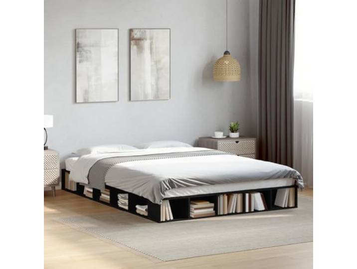 RJPLMFV Bettgestell aus Holz, Schwarz, 160 x 200 cm, ohne Matratze Lattenrost inklusive, integrierte Aufbewahrung, langlebig und feuchtigkeitsbeständig