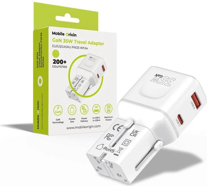 Mobile Origin GaN 35W Travel Adapter, EU/US/UK/AU PW25 White