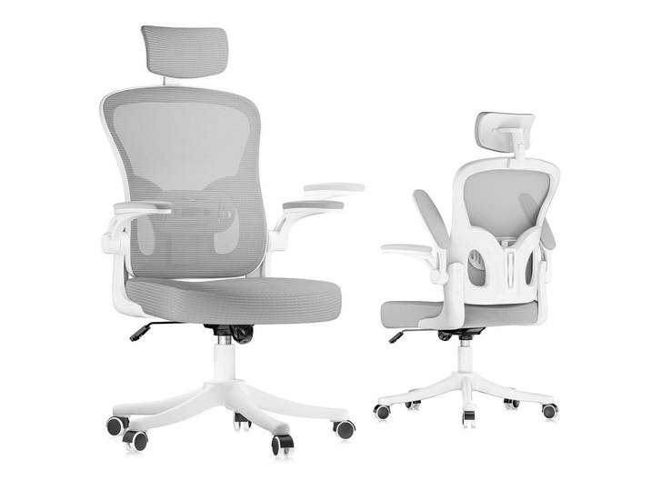 Rattantree Bürostuhl ergonomisch, höhenverstellbar, klappbare Armlehnen, Kopfstütze – Grau, Metall, 50.5x134x52 cm, Büromöbel, Bürostühle, Drehstühle