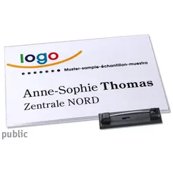 10 Namensschild mit Nadel PUBLIC 85 x 54 mm, Hart-PVC, transparent