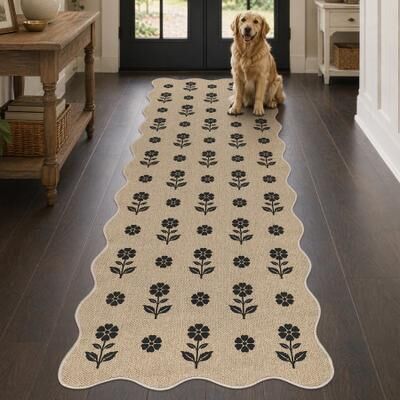 Bluebell Scalloped Floral Easy Jute Area Rug, Washable Non-Slip Indoor Outdoor Farmhouse Carpet