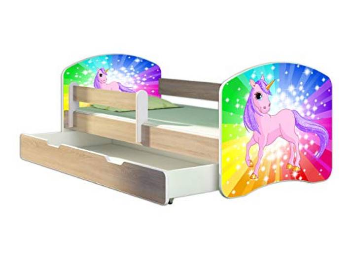 ACMA Kinderbett 180x80 Jugendbett mit Einer Schublade und Matratze, Farbe Sonoma mit Rausfallschutz Lattenrost II Spielbett Kinderzimmer Möbel, 18 Pony Regenbogen