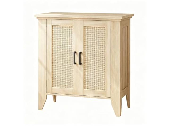GarveeHome Sideboard 2-teilig Naturholz Rattan Eiche Regale Boho Verstellbare Böden, Rattantüren, natürliche Optik, Akzentmöbel, Wohnbereich