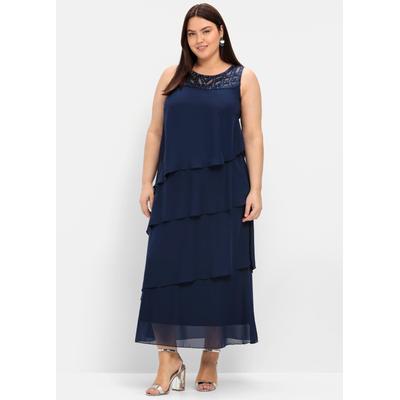 Abendkleid SHEEGO "Abendkleid", Damen, Gr. 54, Normalgrößen, blau (marine), 100% Polyester, unifarben, lang, Rundhals, Kleider Abendkleid