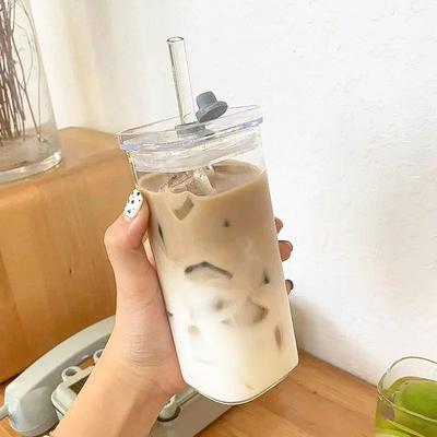 Smart Shopping Spot Square Heat Resistant Glass Coffee Cup With Lid And Straw For Milk Tea & Juice clear