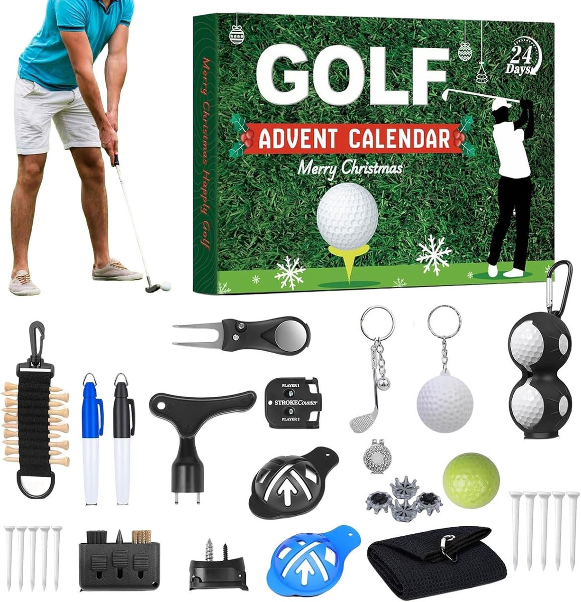 Adventskalender 2025 met golf-thema - Kerstgeschenkdoos met 24 vakjes voor het hele gezin