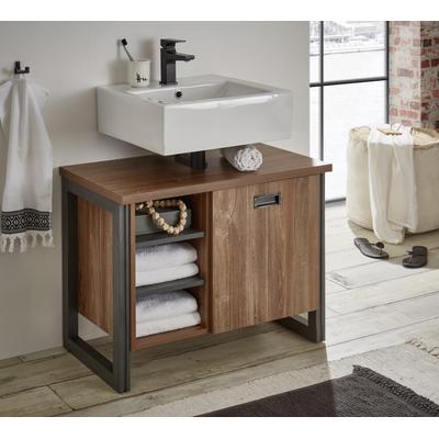 Waschbeckenunterschrank HOME AFFAIRE "Detroit, Waschtisch mit Apothekergriff, Badschrank im Industrialdesign", gelb (eiche honigfarben dekor, schiefer, nachbildung), B:81cm H:62cm T:40cm, FSC-zertifizierter Holzwerkstoff, Schränke,...