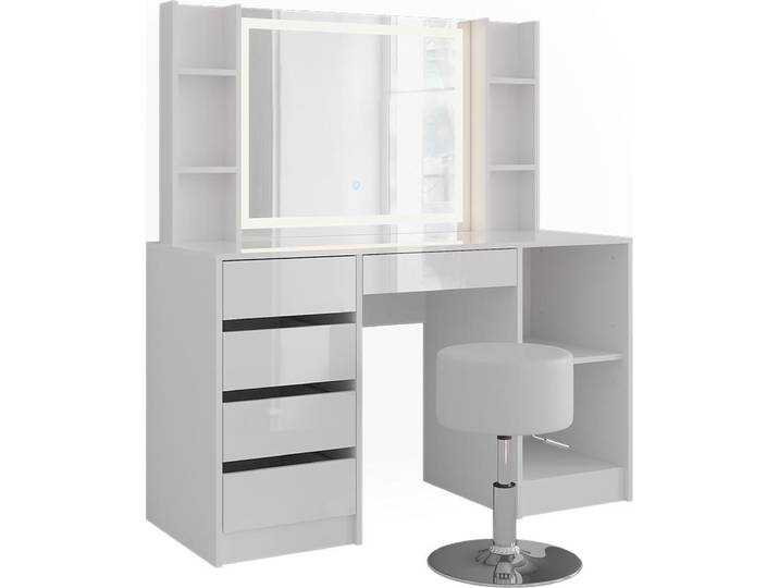 Coiffeuse Vicco Sherry Blanc/Blanc Haute brillance 128.2cm avec miroir LED et tabouret\, Model 57632