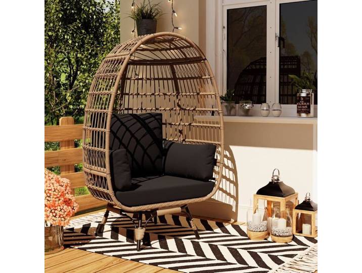 Fauteuil œuf pivotant 360° patio extérieur cadre acier base métal étanche chaise lounge rotin PE jardin noir