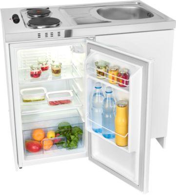 Exquisit Mini-Küche KK1085 mit Masse-Kochfeld, 76 l Kühlschrank, Spüle, Spülschrank, Weiß