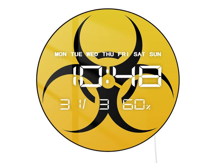 Avertissement panneau de risque biologique double usage LED horloge murale numérique grand affichage symbole dangereux horloge murale électronique multifonctionnelle