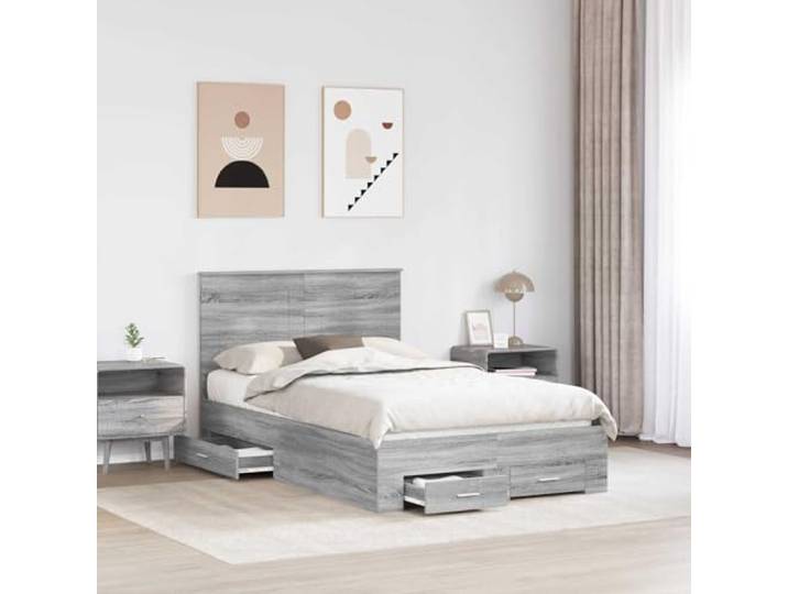SKTQYQO Bettgestell Grau Sonoma 135 x 190 cm Technisches Holz, feste Lattenroste, 2 Schubladen, einfach zu montieren