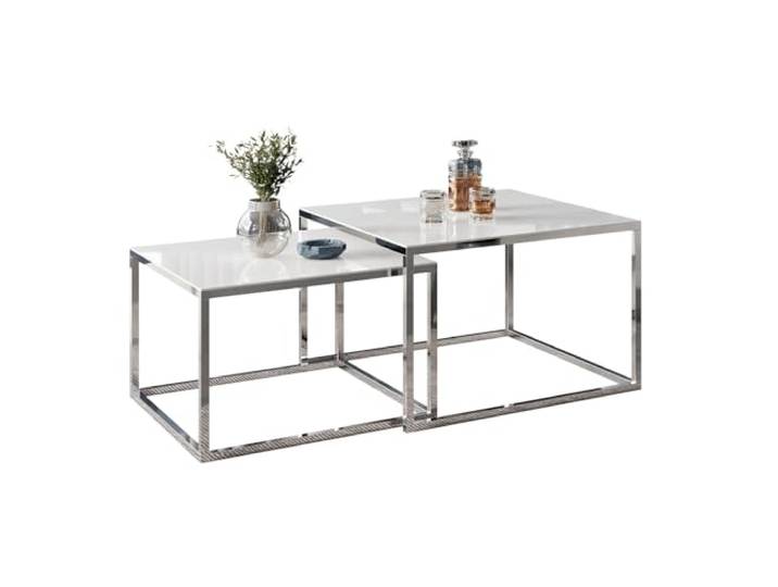 Lookway Couchtisch Yoshi 2in1 Glass mit Chromgestell & Glasplatte Quadratische Tische 60x60 & 70x70 cm Moderner Wohnzimmertisch (Weißes Glass, 35 cm / 41 cm)