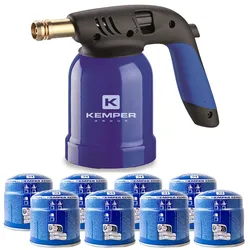 Lötlampe Stahlgehäuse Piezo-Zündung + 8 Gaskartuschen 190gr STOP GAZ Durchstechbar KEMPER