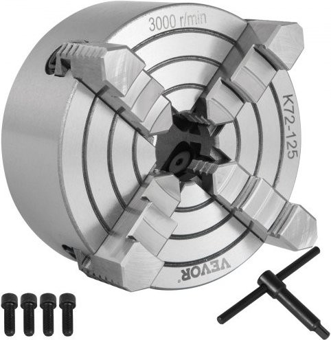 Vevor K72-125 4-klauw draaibankklauw, 5 inch, zilverkleurig metaal