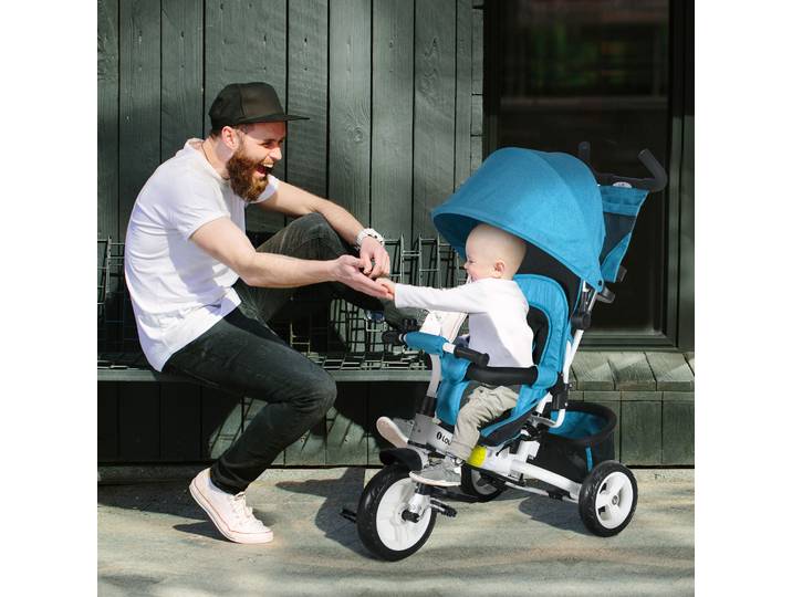 HOMCOM Tricycle Enfant Métal Bleu avec Panier et Auvent