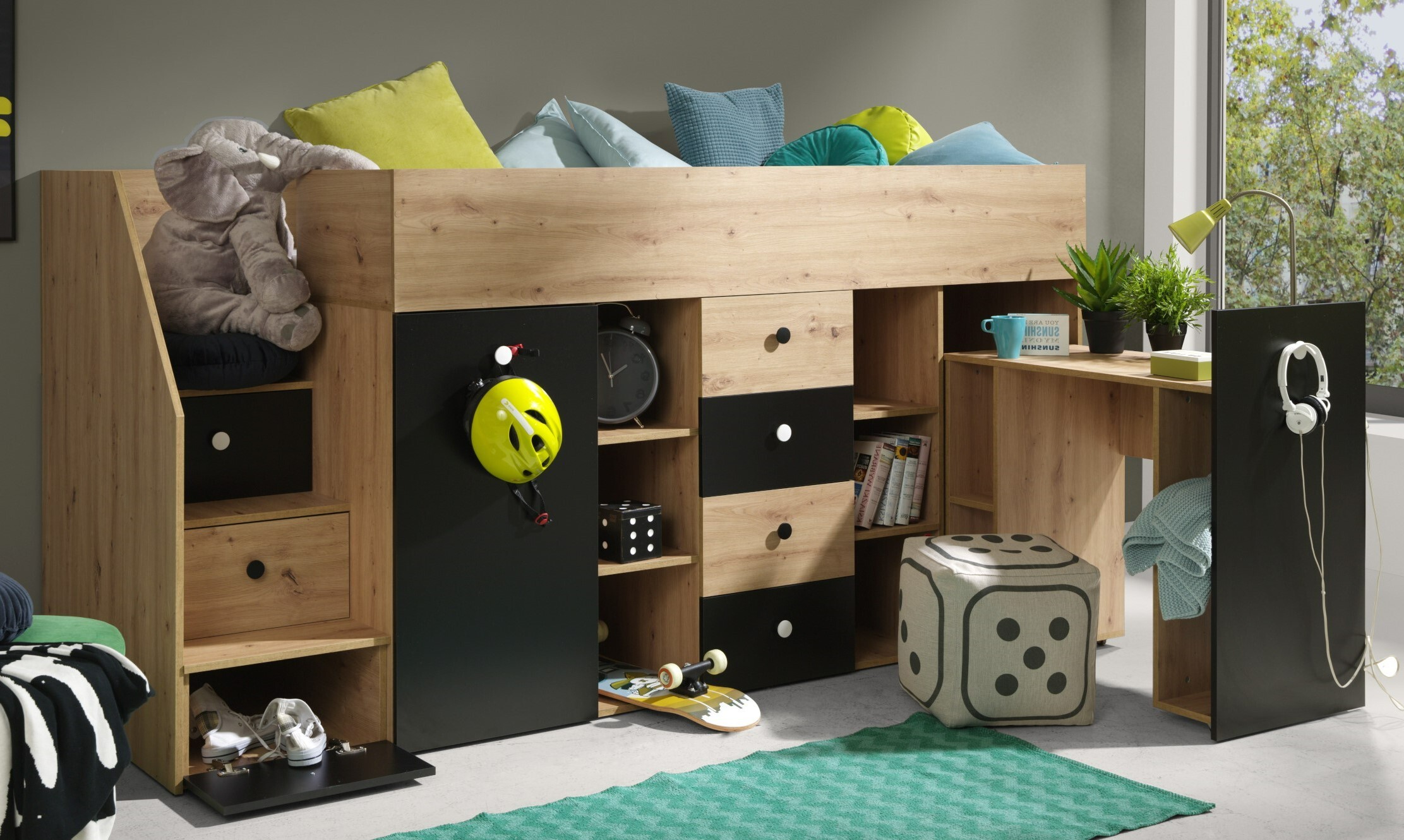 MINIO Hochbett mit Schreibtisch SMARTI 3 Schwarz Links