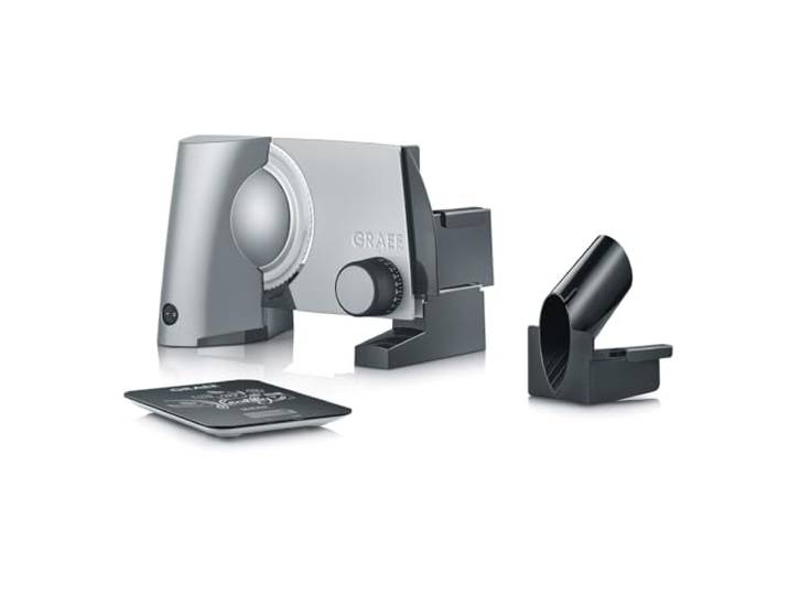 GRAEF Allesschneider SKS 300 silber inkl. Küchenwaage & MiniSlice-Aufsatz, Ø 170 mm Wellenschliffmesser aus Edelstahl, 170 W, ECO POWER MOTION Motor