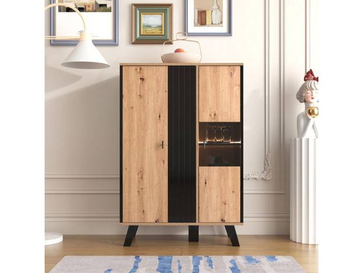 MODERNLUXE Buffet vitrines avec verre et éclairage LED. Contient des combinaisons de couleurs de stratifié de noir et de bois