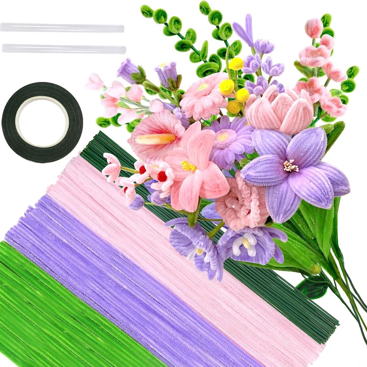 Bloemen Maak Set met Chenille Stelen Lint in Roze, Paars en Groen - 30 cm
