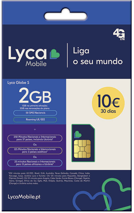 CARTÃO SIM LYCAMOBILE 10EUR GLOBE