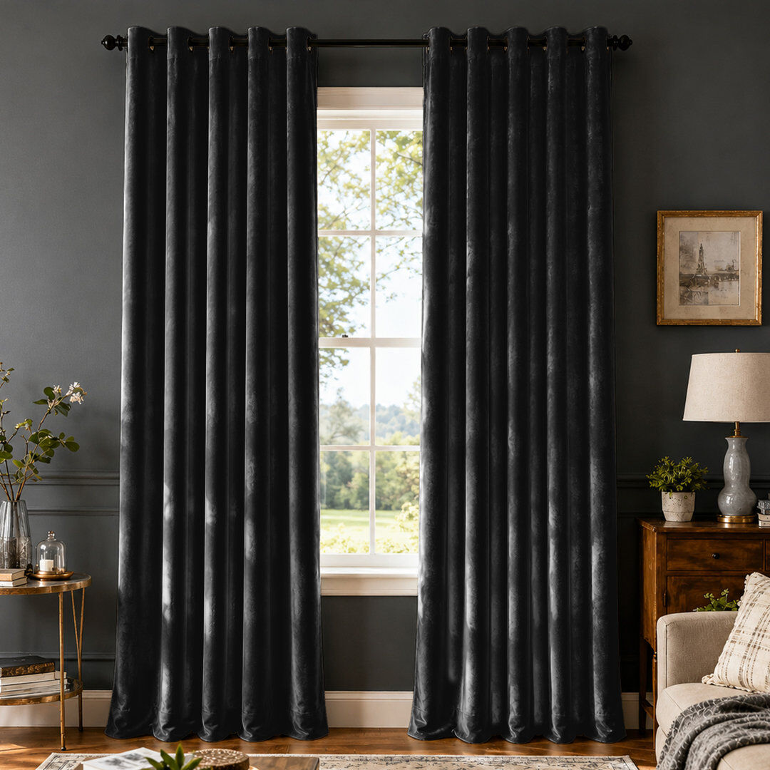 Canora Grey Crushed Velvet Eyelet Window Curtains Black 228cm Width x 168cm Drop