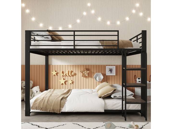 Ulsam Lit Superposé 4 Places en Metal 2x140x200 cm avec étagère en Bois Barrières de Sécurité Escaliers - Noir