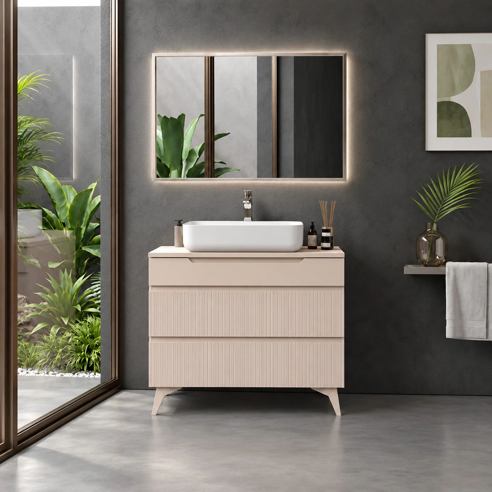 garneroarredamenti Mobile bagno a terra 80cm cannettato 3 cassetti beige cashmere Broadway